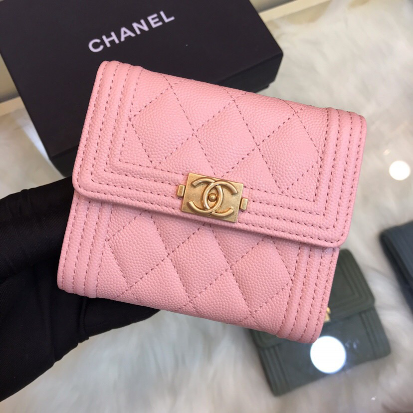 Ch**el Lebay Calfskin Leather Plain Folding Pink Wallets