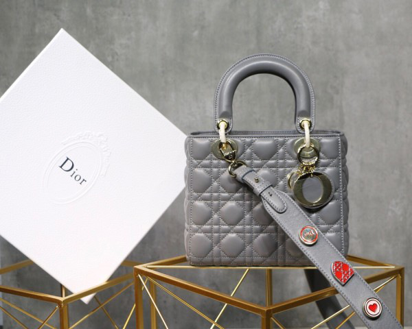D10r Lady Lambskin Gray Handbag with Gold Hardware 20CM