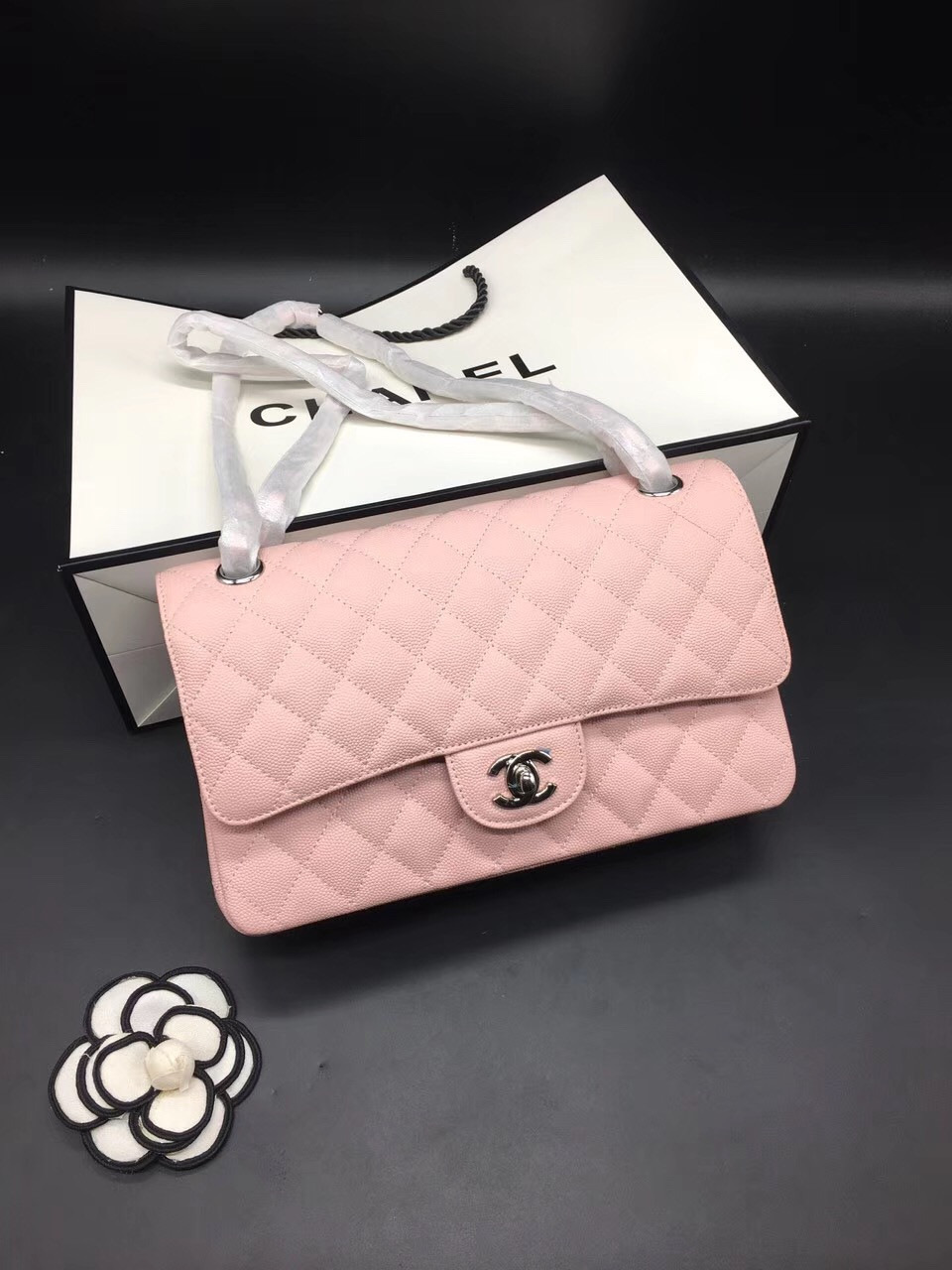Ch**el Flap Bag Caviar in Pink 25cm with Silver Hardware