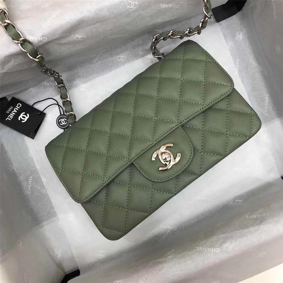 Ch**el Flap Bag Caviar in Green 20cm with Silver Hardware