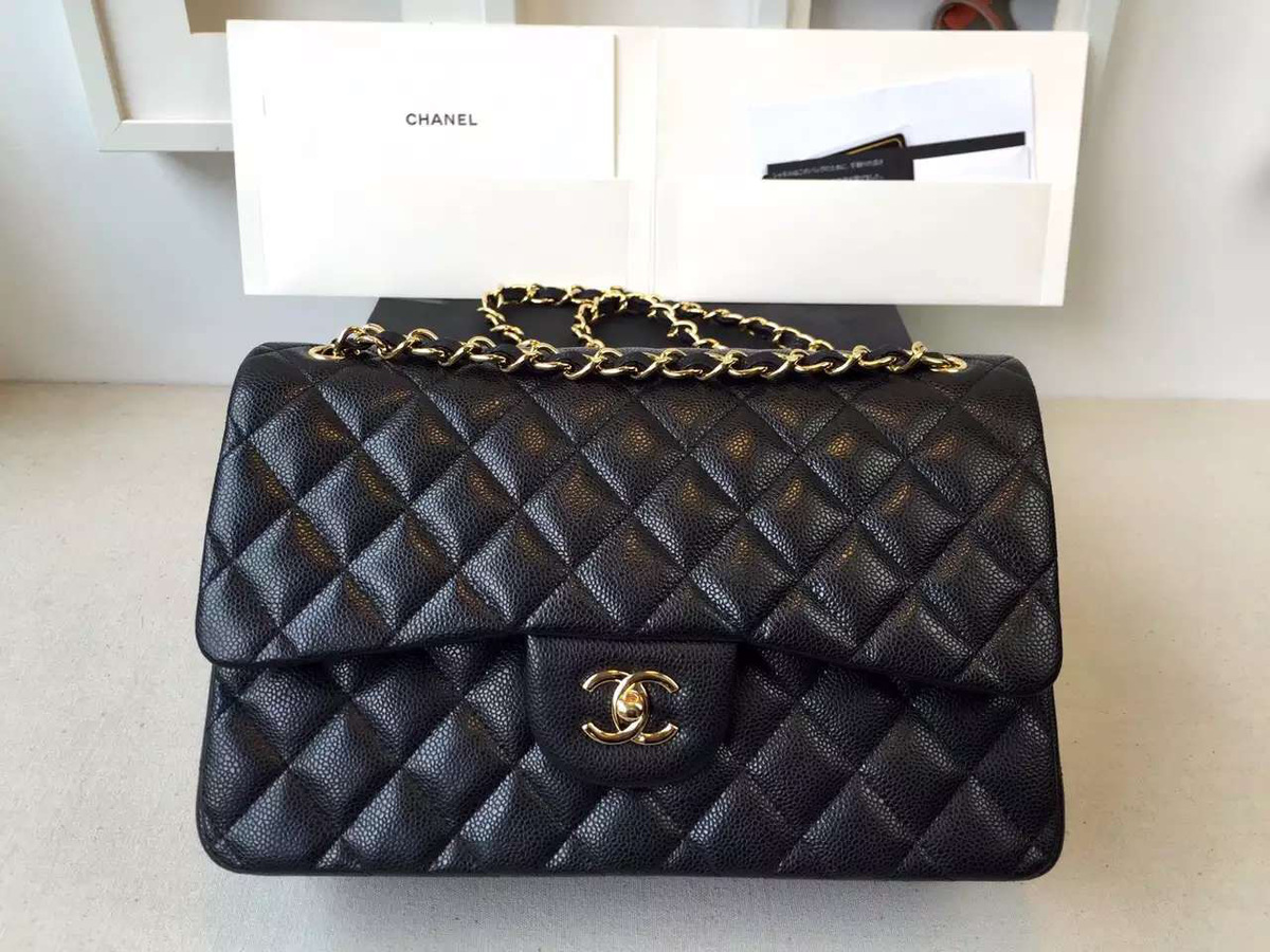 Ch**el Flap Bag Caviar in Black 30cm with Gold Hardware