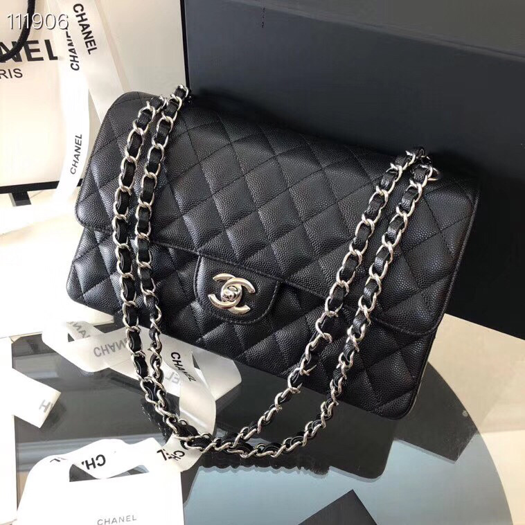 Ch**el Flap Bag Caviar in Black 25cm with Silver Hardware