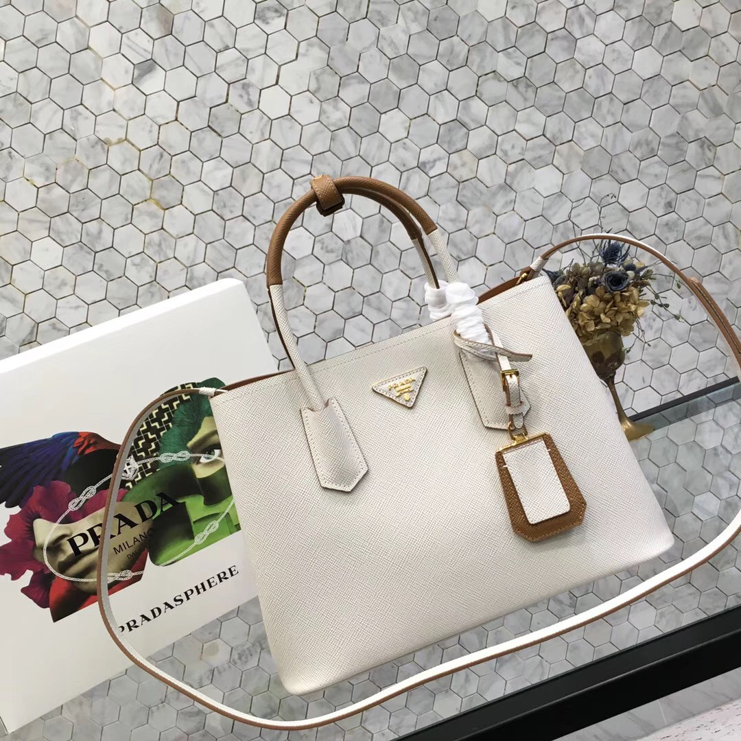 Pra*a Saffiano Cuir Small Double Leather Bag in White with Brown