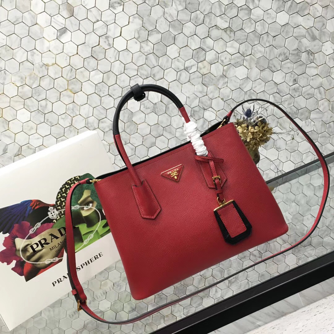 Pra*a Saffiano Cuir Small Double Leather Bag in Red