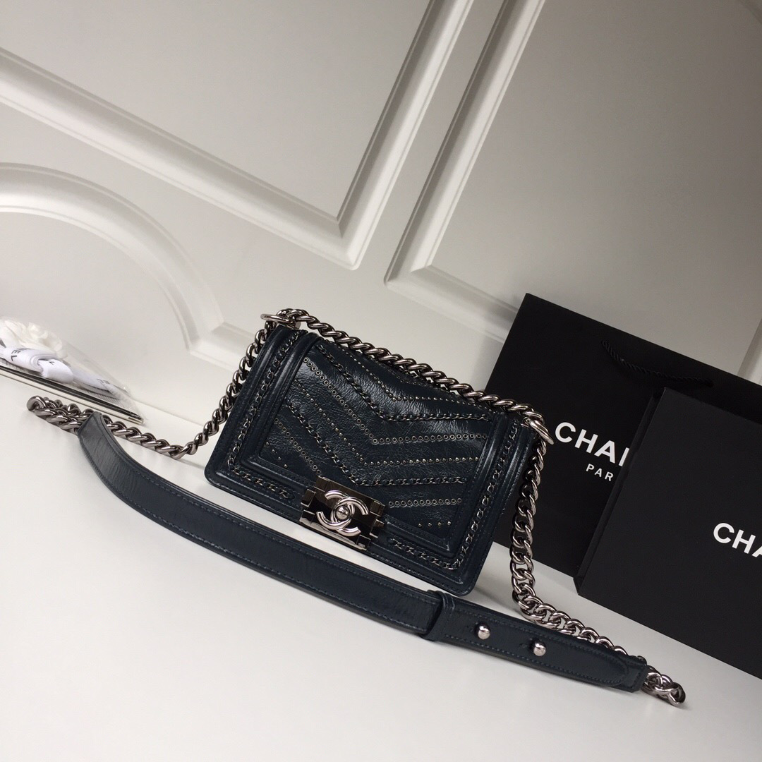 Ch**el leboy calfskin bag in blue with silver hardware 20cm