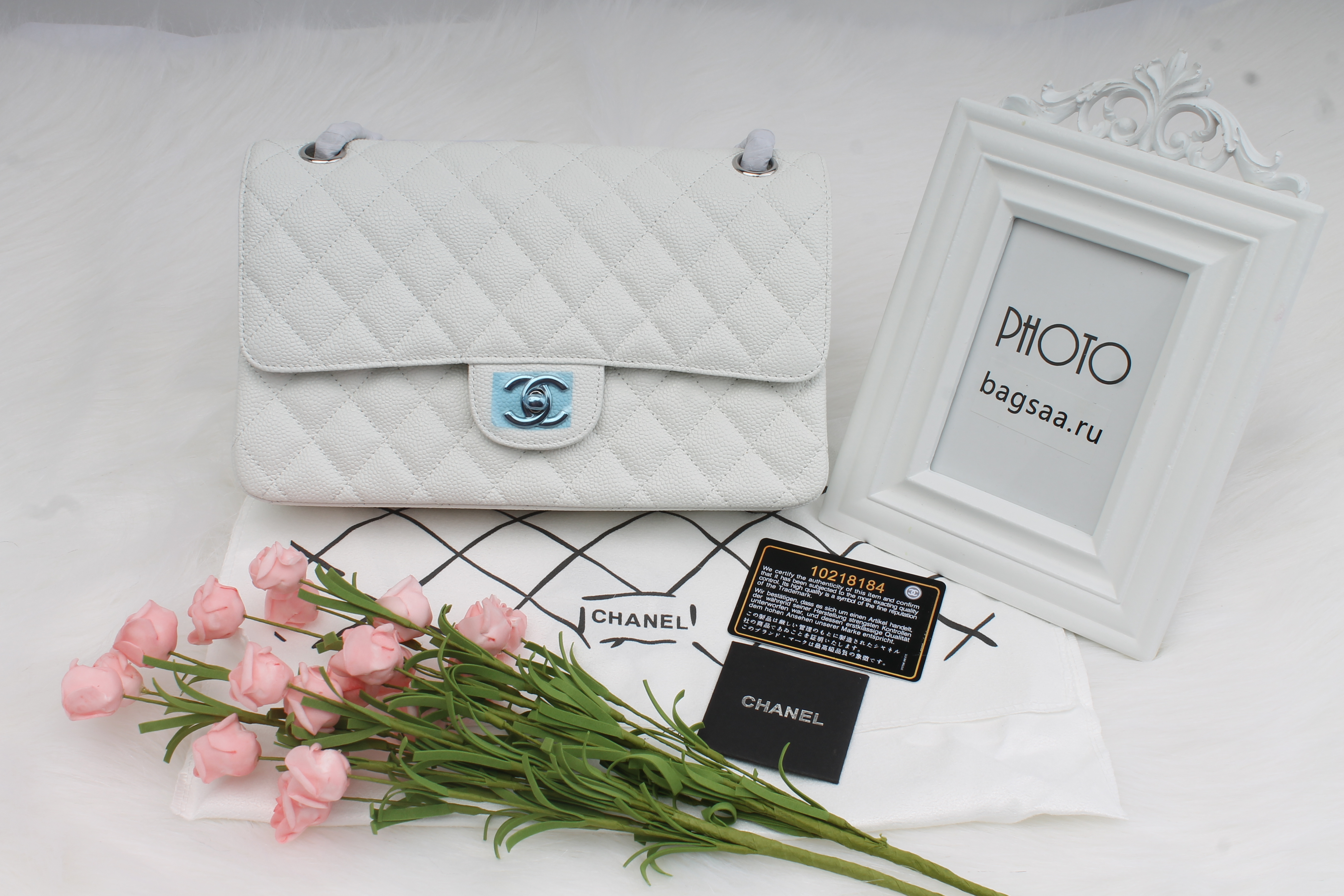 Ch**el Flap Bag Caviar White with Silver Hardware 25cm