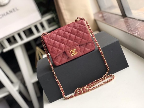 Ch**el Flap Bag Caviar Gold Hardware Wine Red 17cm Bagsaa