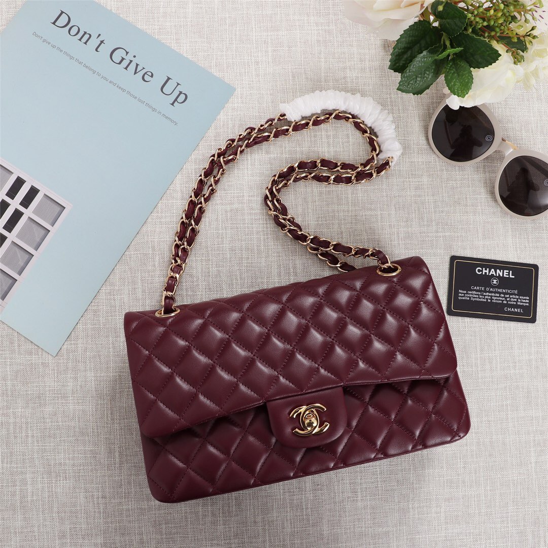 Ch**el Flap Bag 25cm Wine Red Gold Hardware Bagsaa