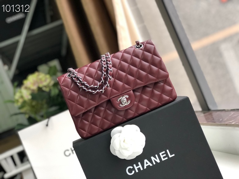 Ch**el Flap Bag 25cm Wine Red Silver Hardware