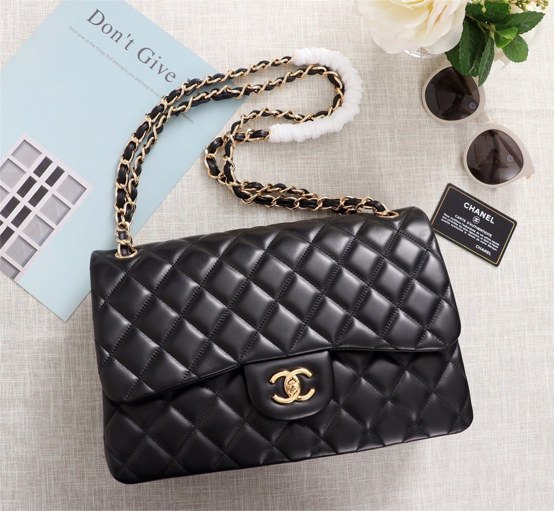 Ch**el Flap Bag 1113 30cm Lambskin Black Gold Hardware