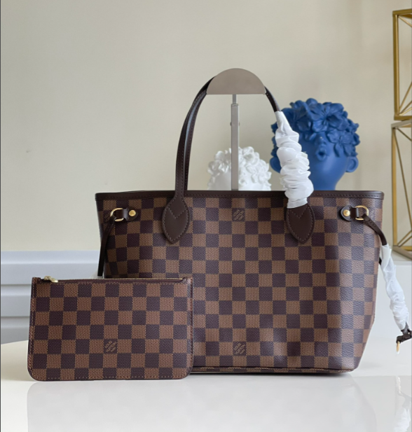 Bagsaaa LV N40600 Neverfull PM Tote Bag Damier Ebene & red - 29cm