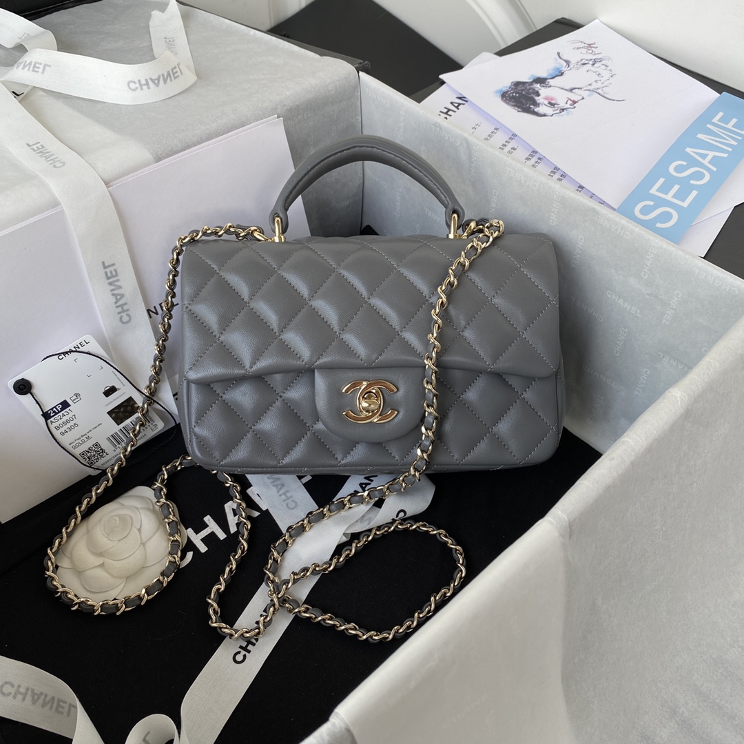 Ch**el Flap Handle Bag Lambskin 20cm Grey