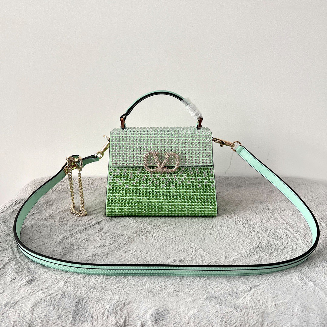Bagsaaa Va1e*ntin0 Vsling Mini Handbag With RHINESTONES Green - W19xH13xD9 cm