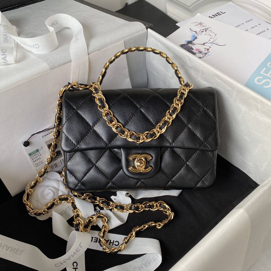 Bagsaaa Ch**el Flap Bag Lambskin Leather Gold Handle In Black - 13X21X8cm 