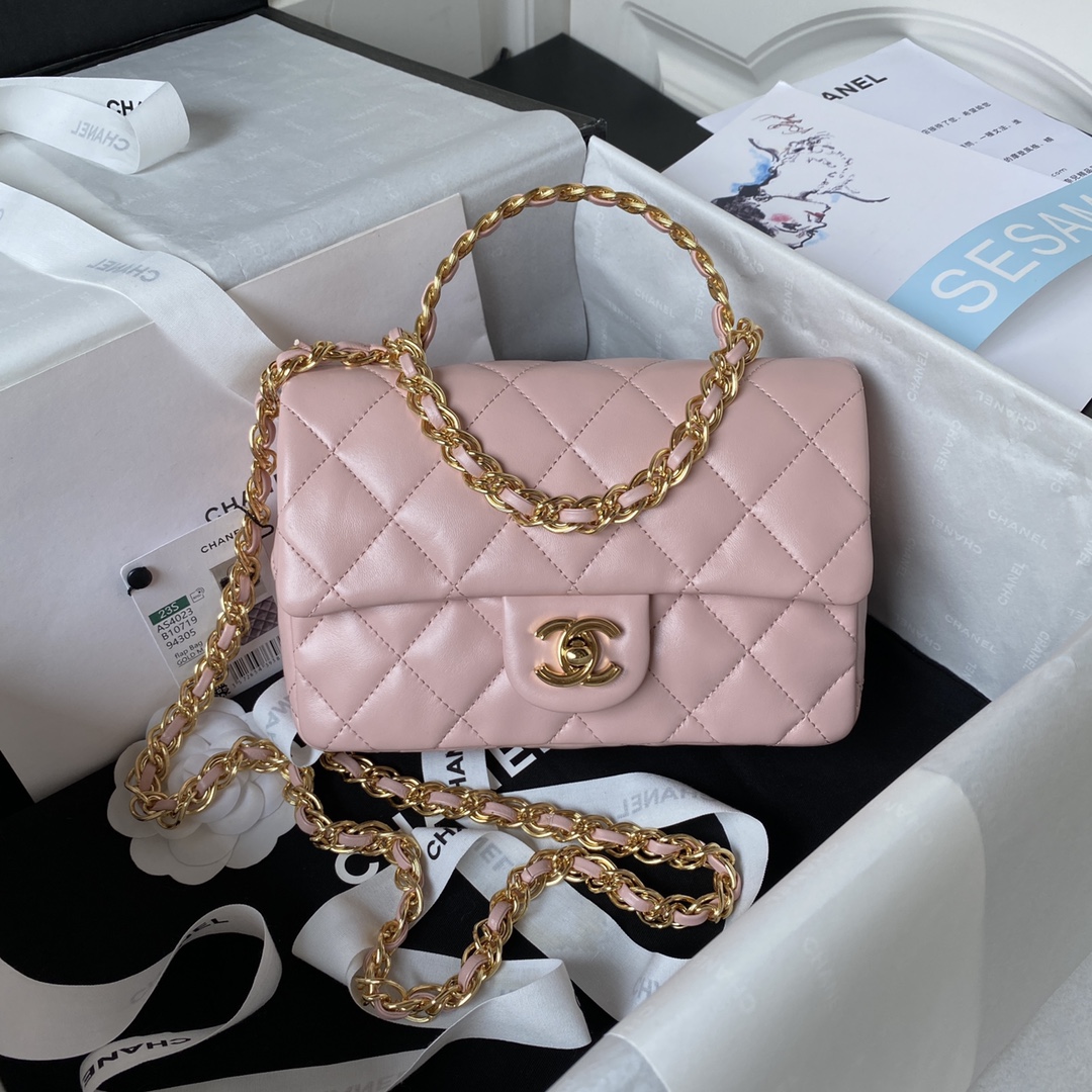Bagsaaa Ch**el Flap Bag Lambskin Leather Gold Handle In Pink - 13X21X8cm