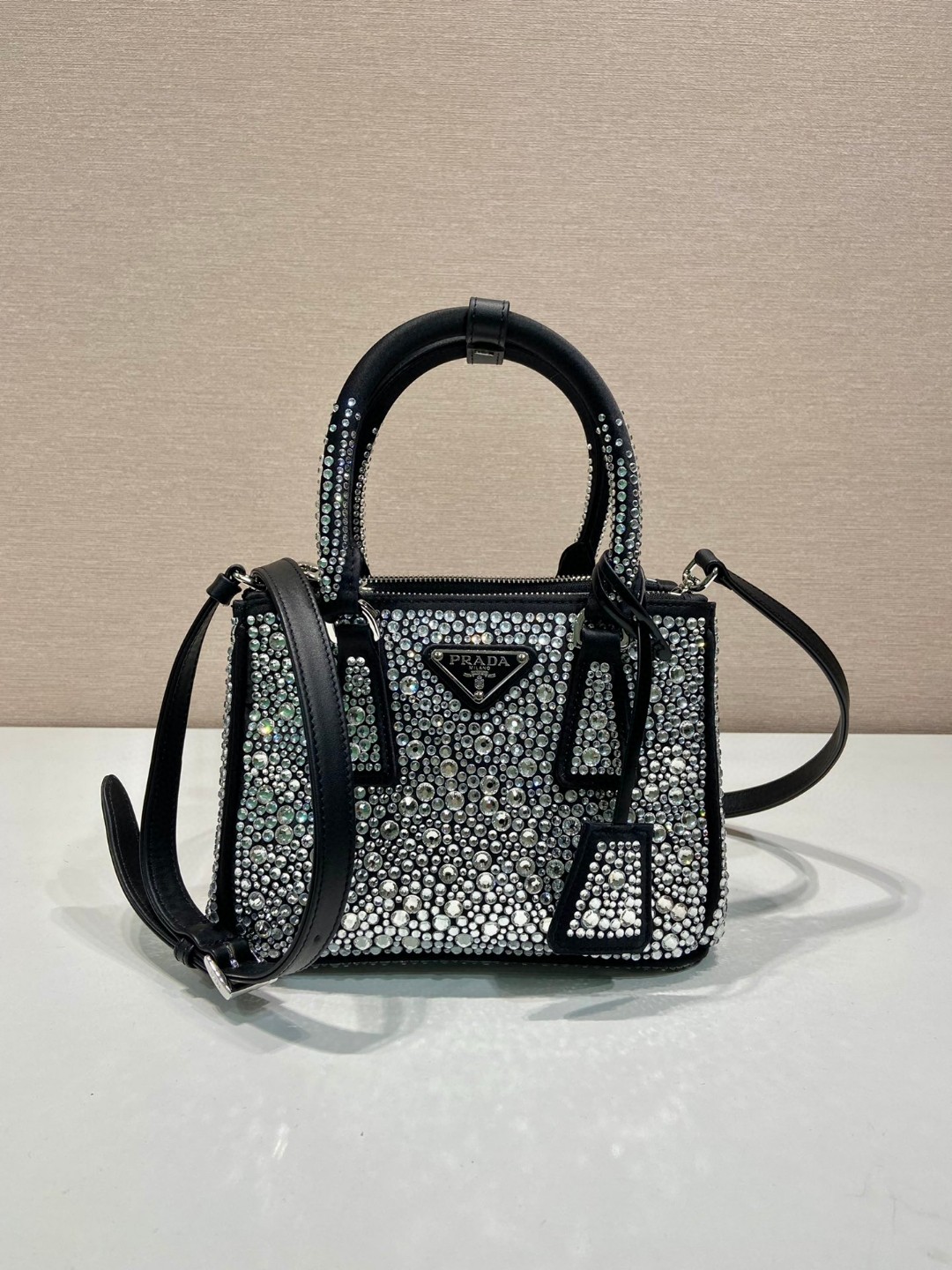 Bagsaaa Pra*a Galleria satin mini-bag with black crystals - 20*14.5*9.5cm