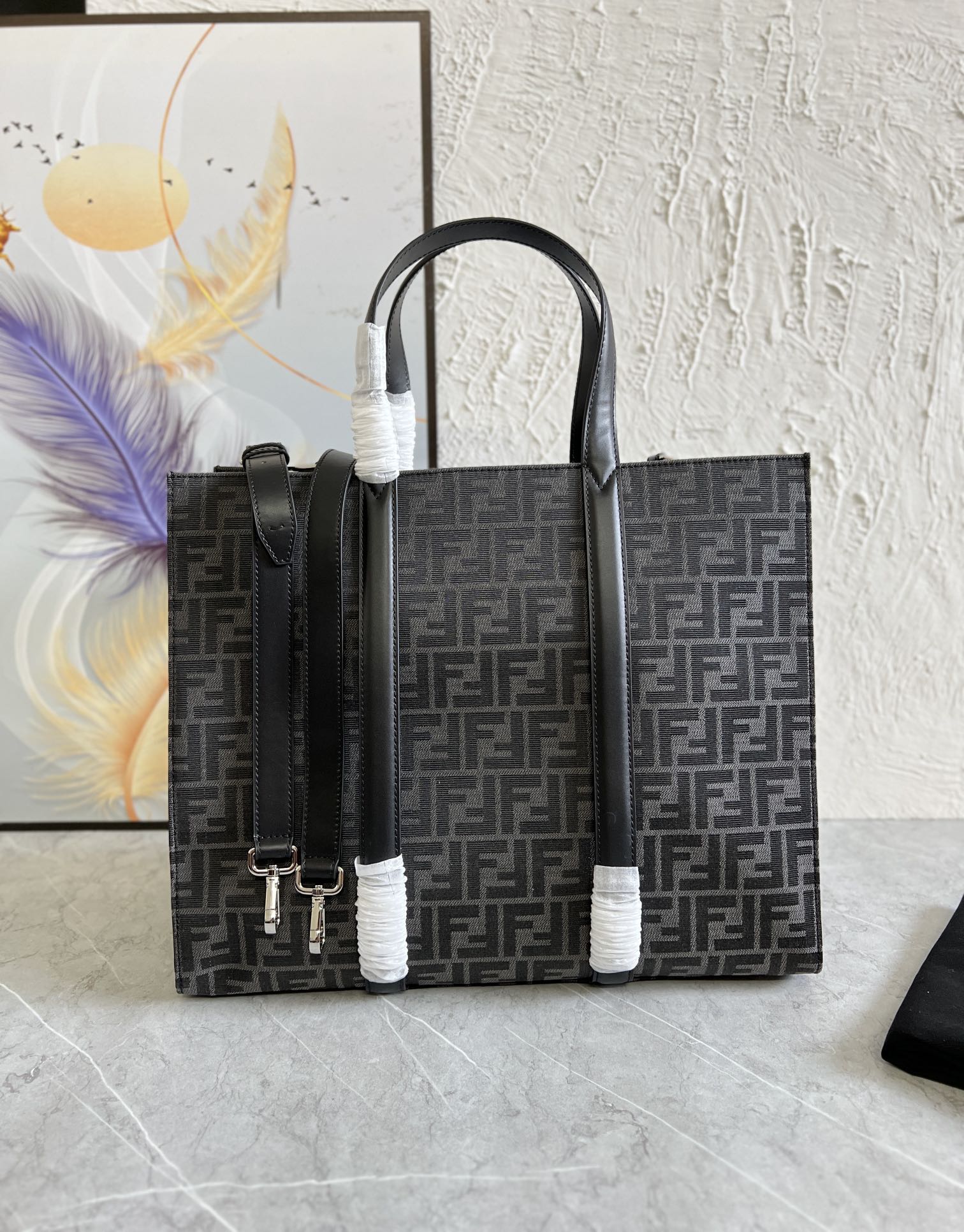Bagsaaa F**di Shopper FF jacquard fabric black bag - 41x35x19cm