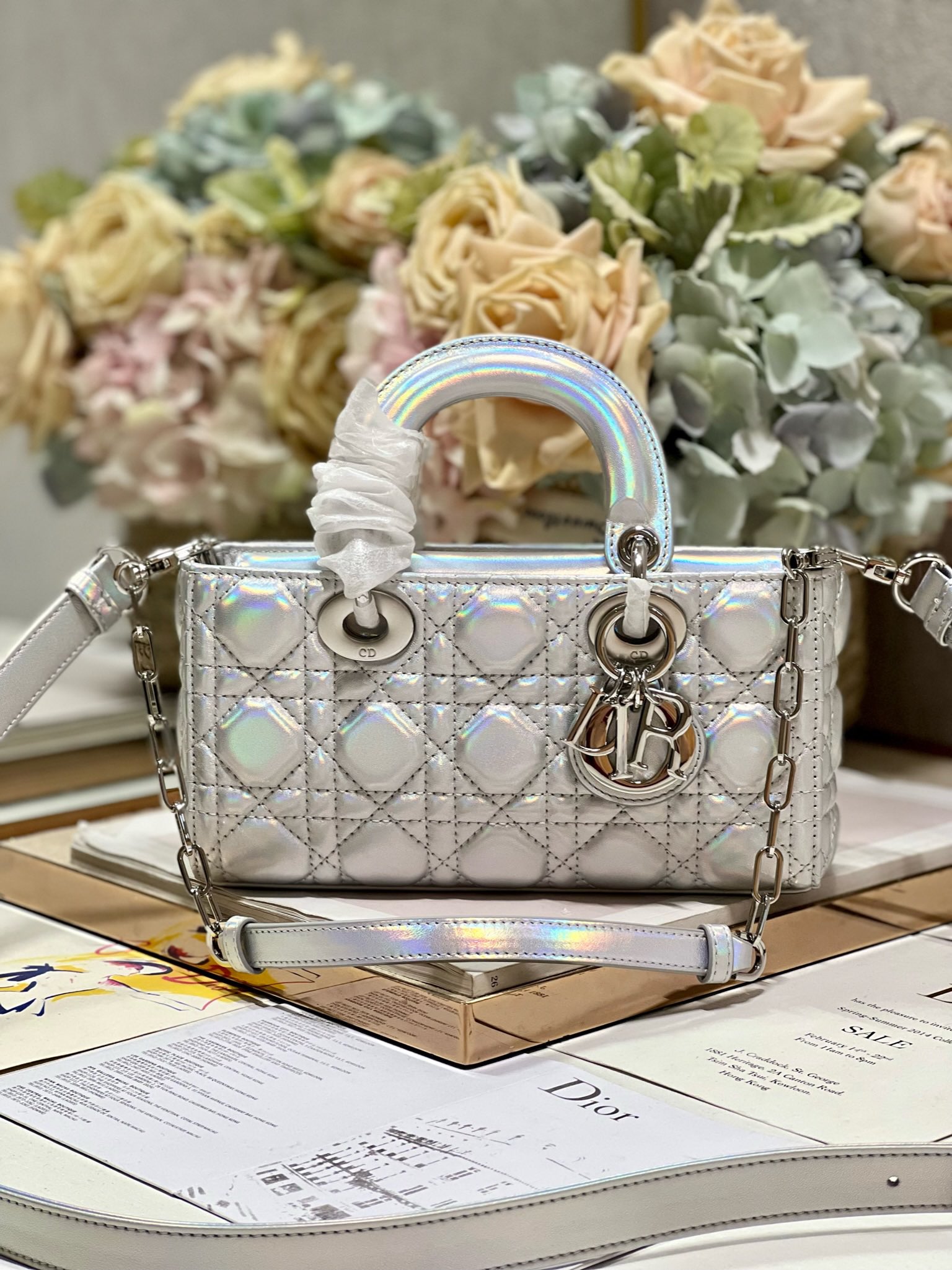 Bagsaaa D10r Lady D-Joy Silver Iridescent Metallic Cannage Lambskin - 22 x 12 x 6 cm