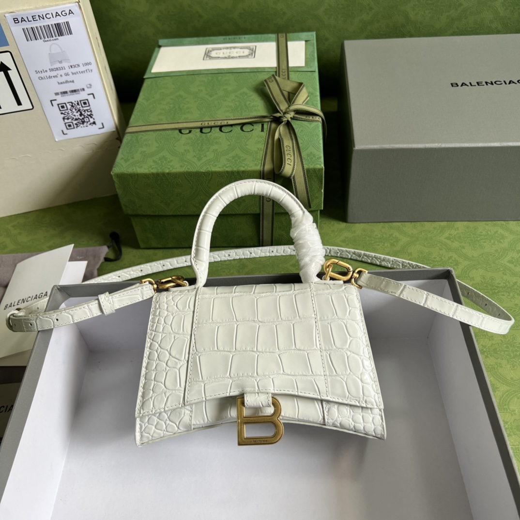Bagsaaa Ba1en*iaga Hourglass XS Crocodile Embossed White Gold Hardware - 19*13*8cm