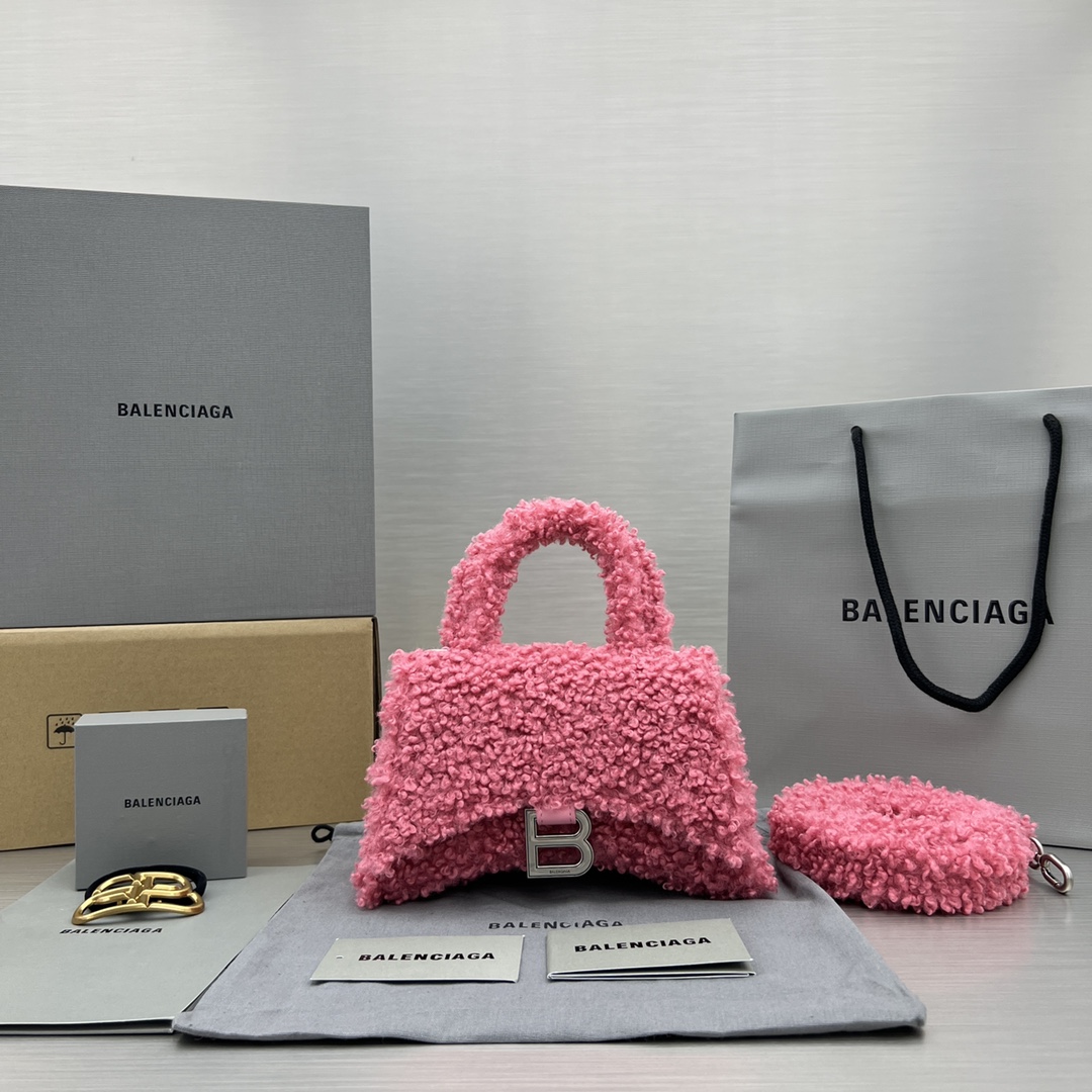 Bagsaaa Ba1en*iaga XS Hourglass Furry Pink Bag - 11.5x14x4.5cm