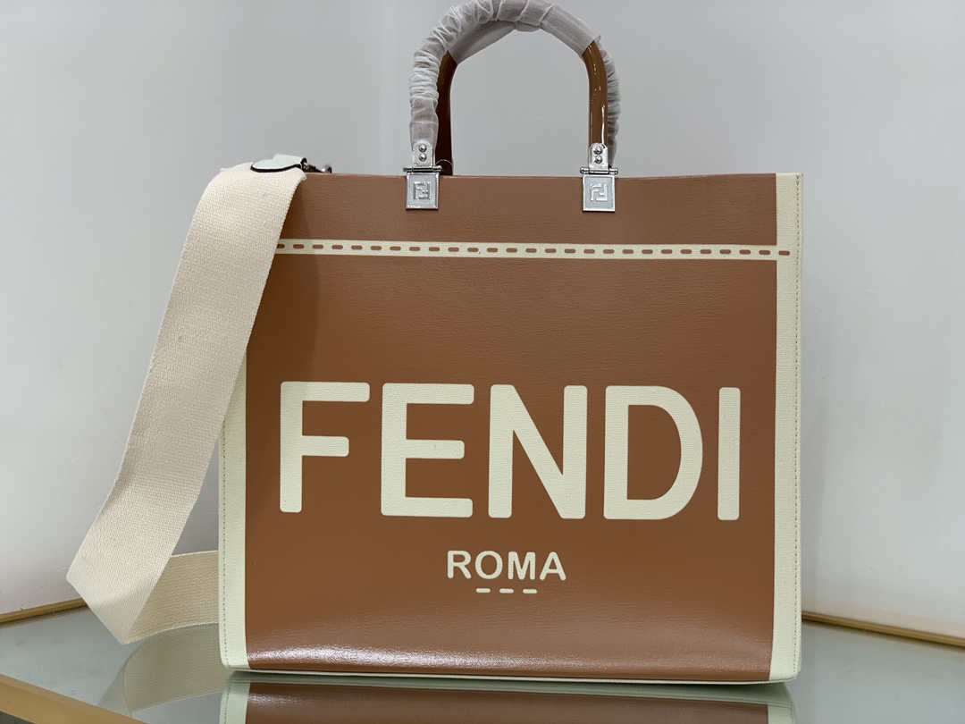 Bagsaaa F**di Sunshine Medium Canvas and brown patent leather shopper bag - 35x31x17cm