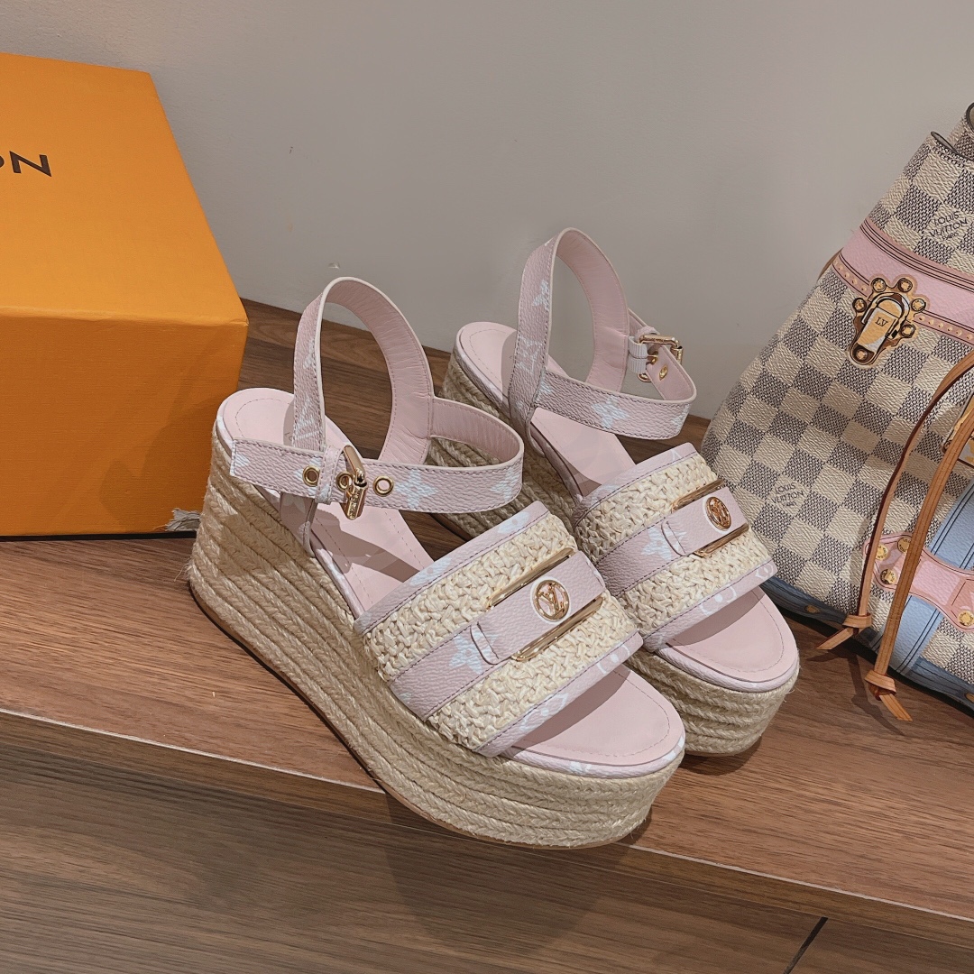Bagsaaa L0vis Vvtt0n Starboard Wedge Sandal Pink LV Logo