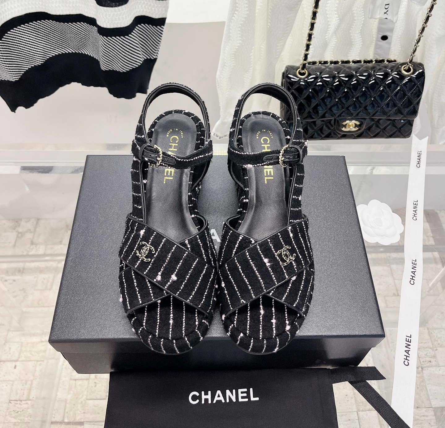 Bagsaaa Ch**el Black Tweed Wedge Sandals 