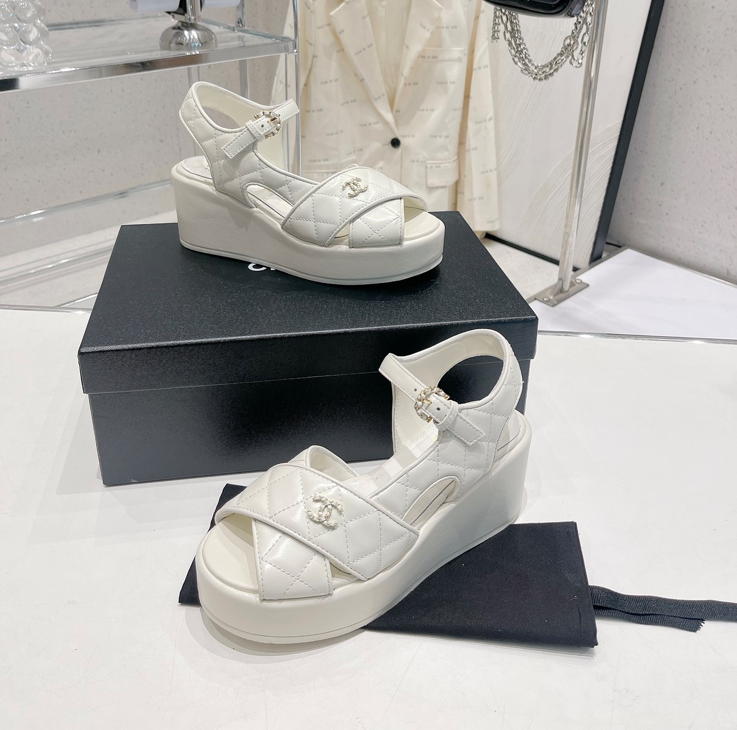 Bagsaaa Ch**el White Lambskin Wedge Sandals