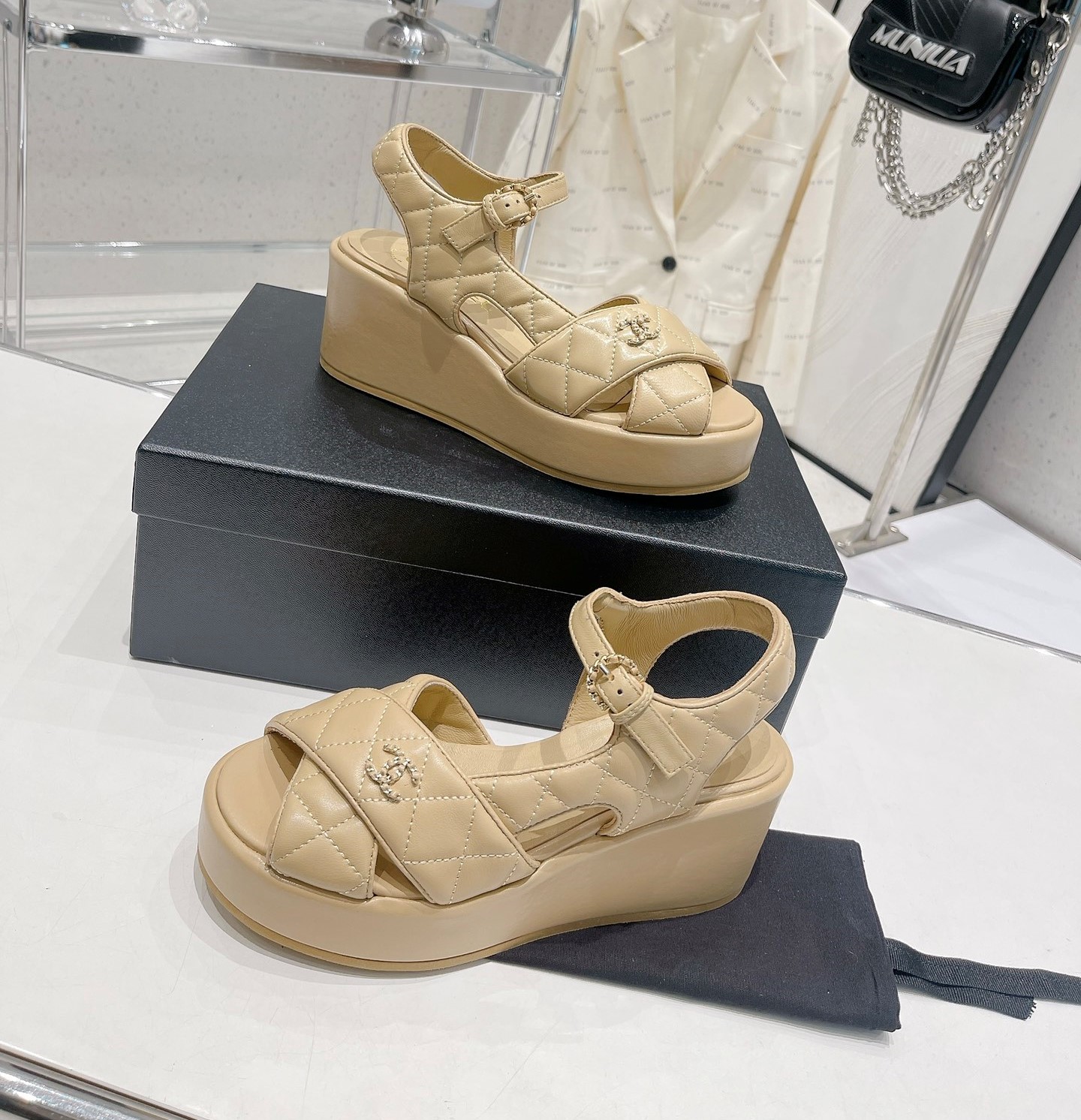 Bagsaaa Ch**el Beige Lambskin Wedge Sandals