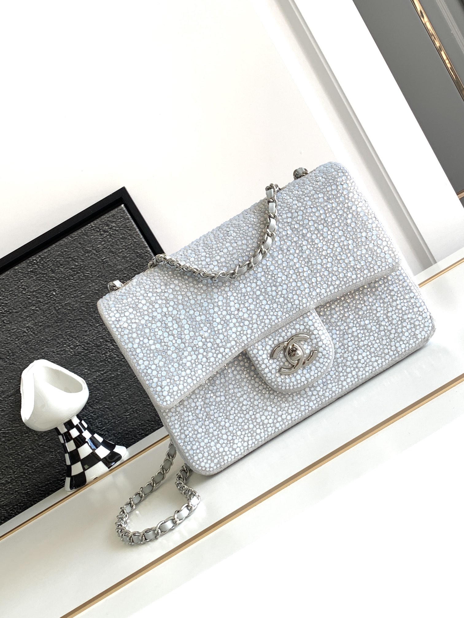 Bagsaaa Ch**el Flap Bag Glitter Crystal Silver Bag