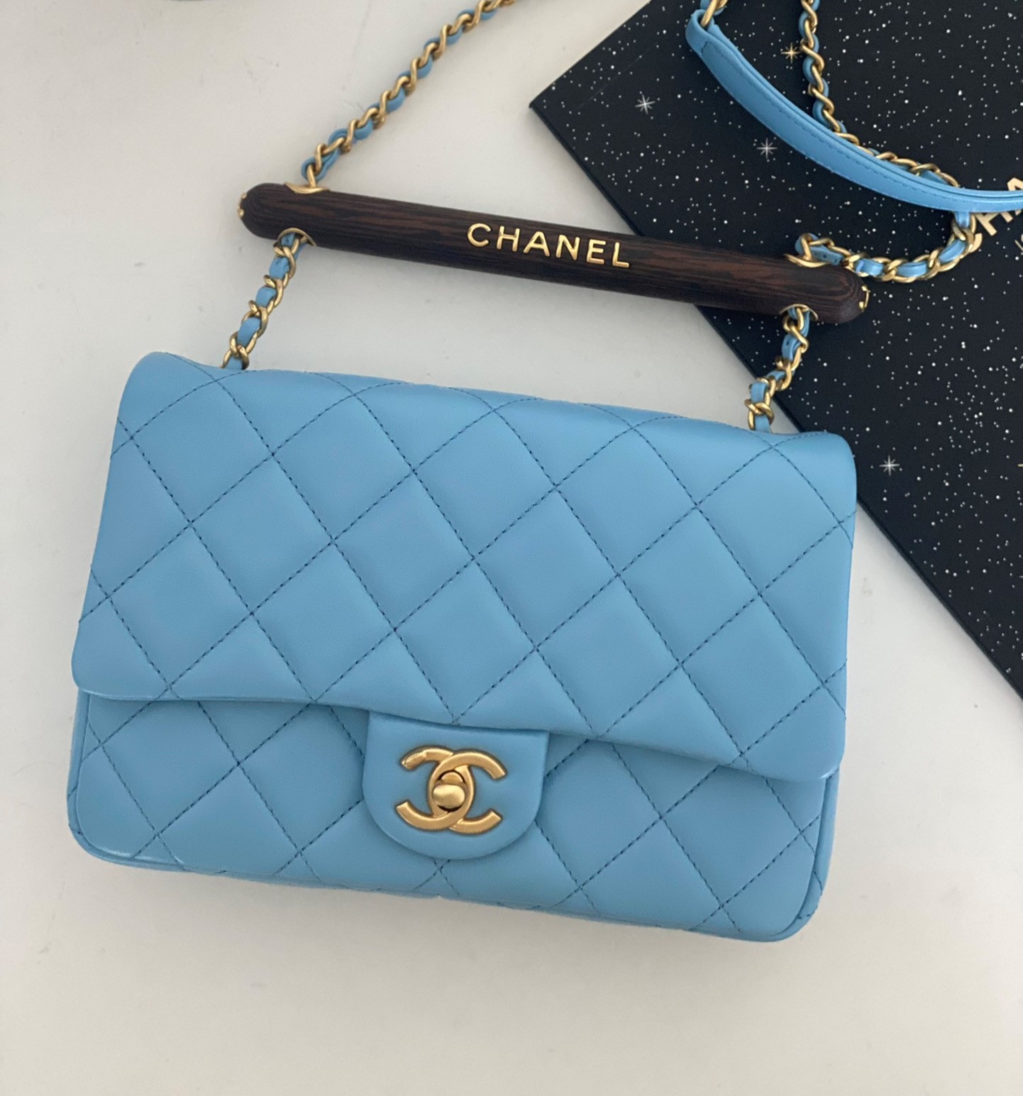 Bagsaaa Ch**el Small Flap Bag With Top Handle AS4151 Blue - 13.5 × 21 × 6 cm