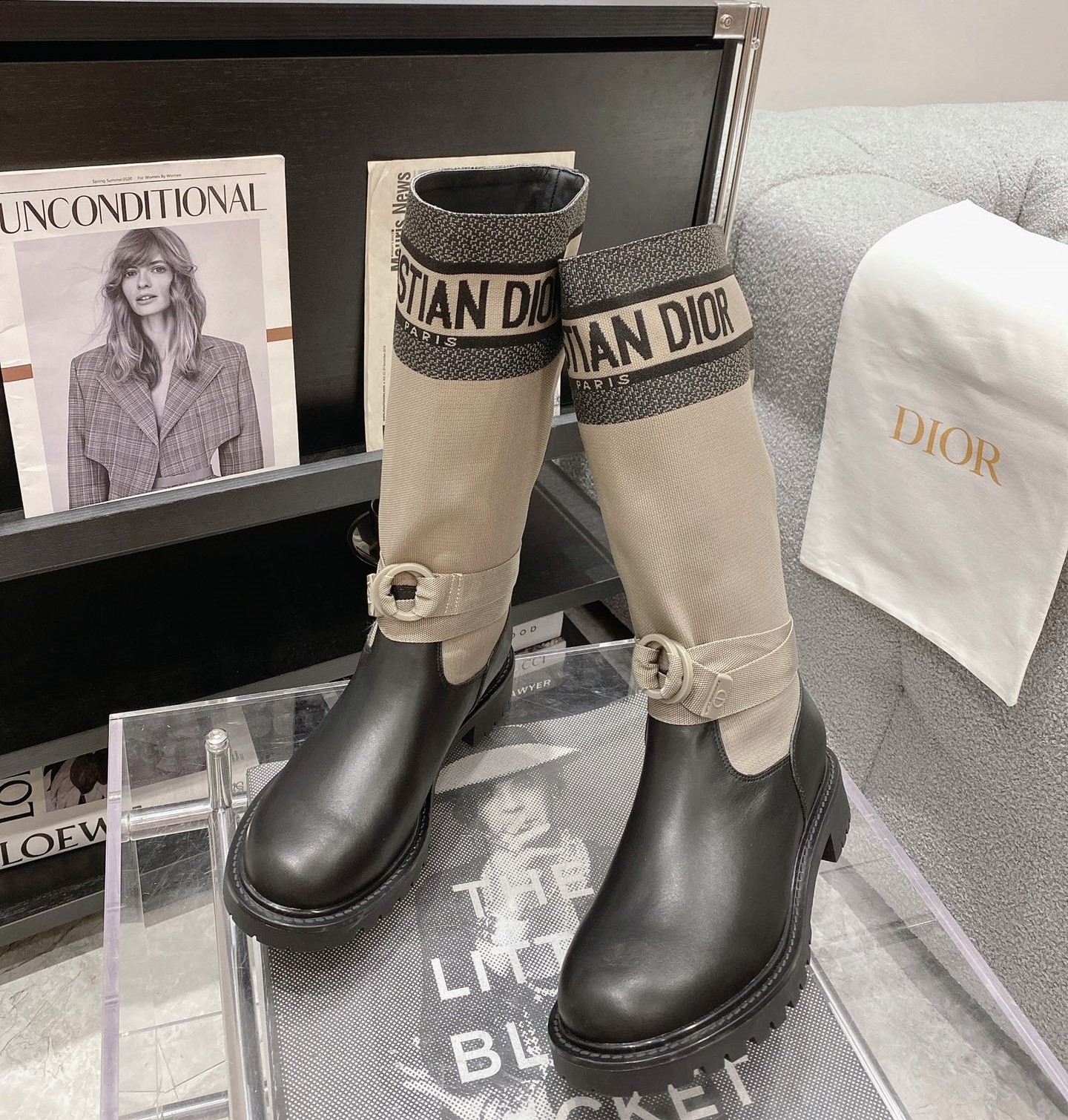BAGSAAA D-MAJOR BOOT TAUPE TECHNICAL FABRIC AND BLACK CALFSKIN