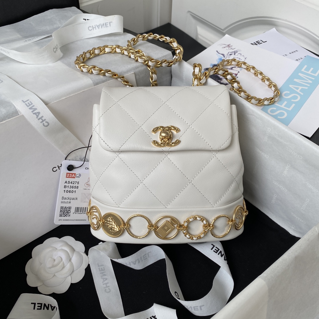 Bagsaaa Ch**el small Backpack Calfskin & Gold-Tone Metal White