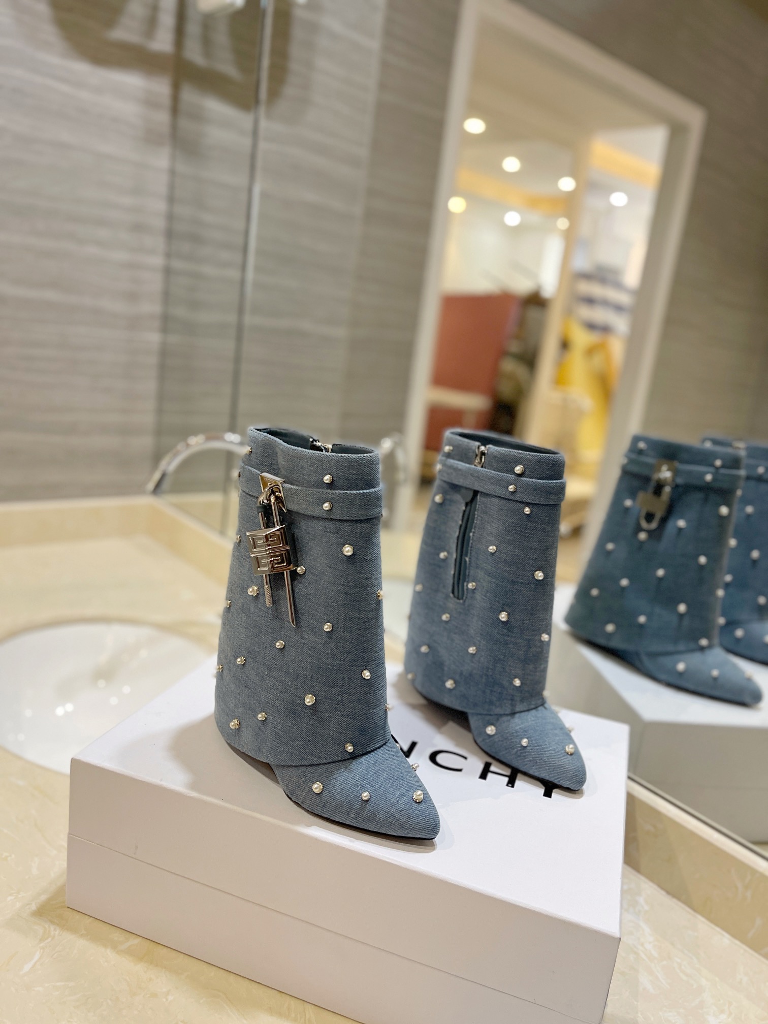 Bagsaaa Givenchy Shark Lock Ankle Boots in denim with pearls