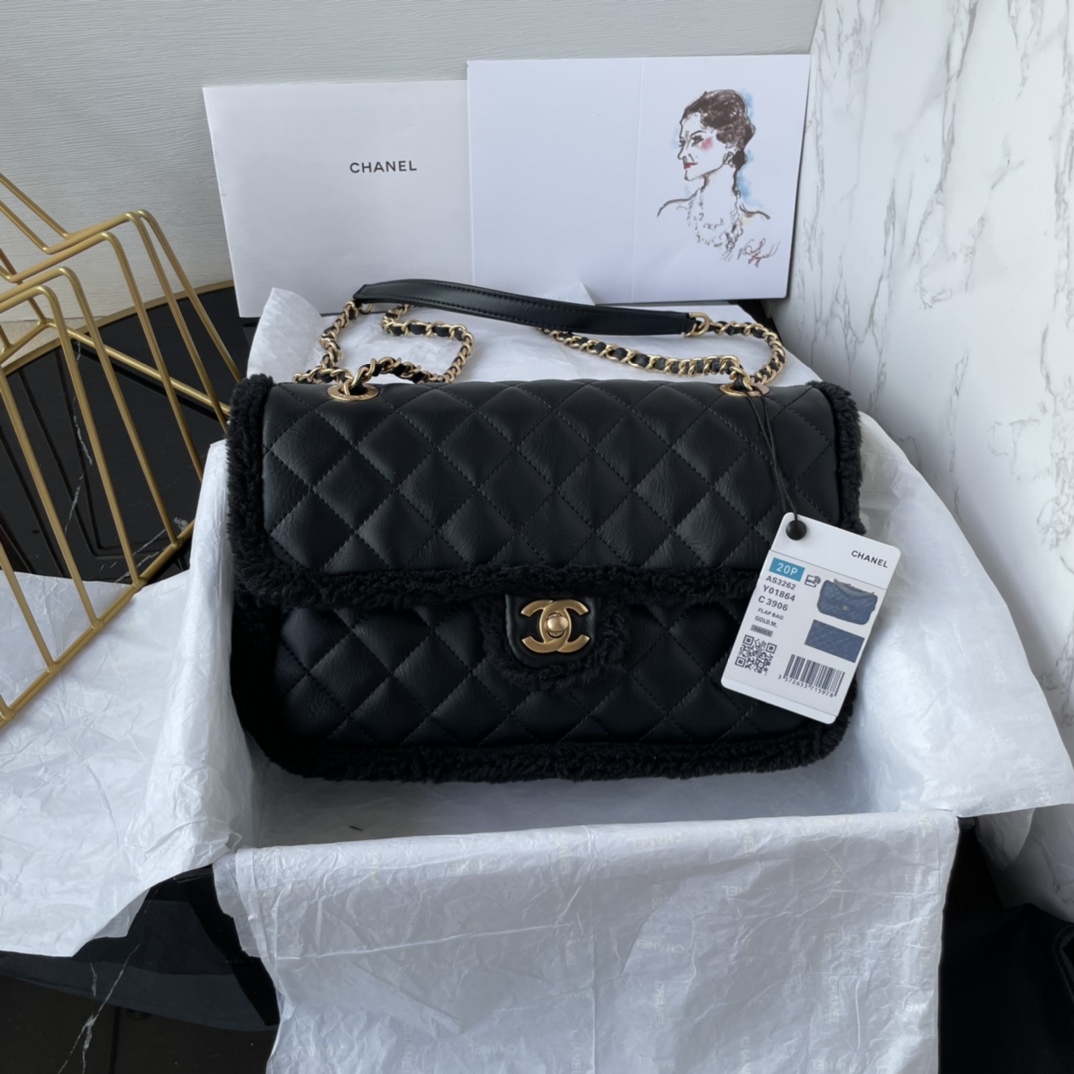 Bagsaaa Ch**el Flap Bag Shearling Black Bag - 26X15X7.5cm