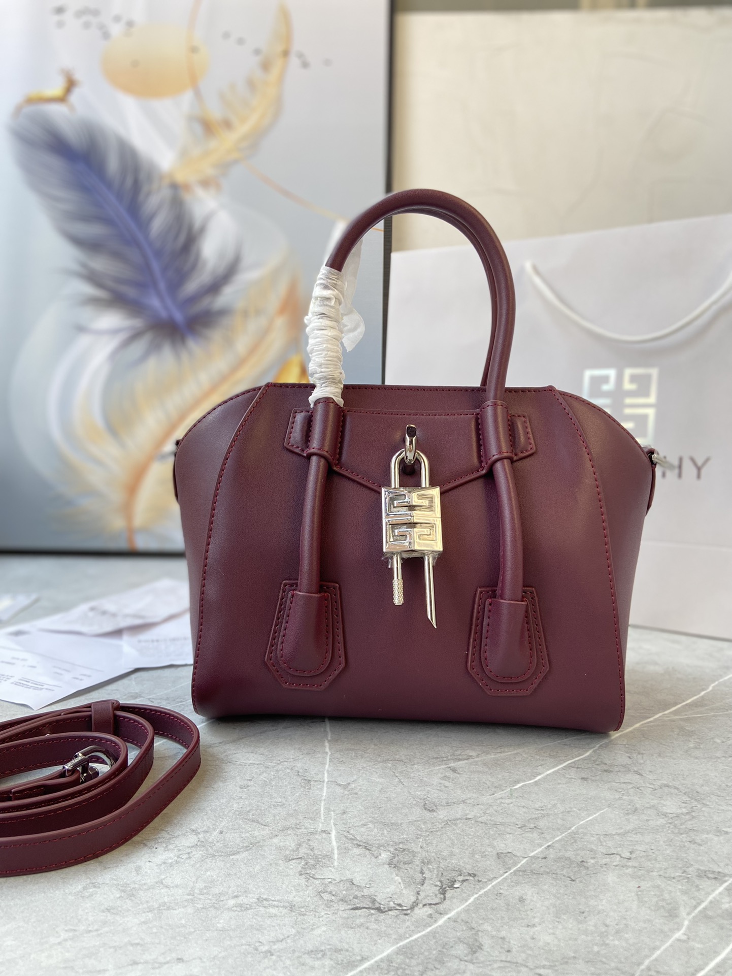 Bagsaaa Givenchy Antigona Lock Tote Bag Burgundy - 23*27*13cm