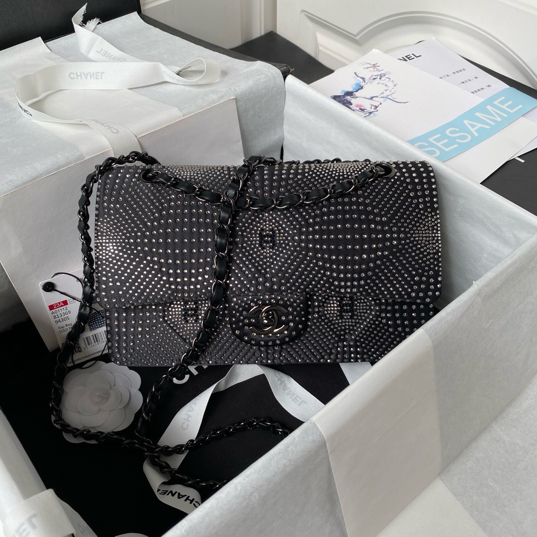 Bagsaaa Ch**el Denim, Rhinestones & silver metal Black & silver - 25cm