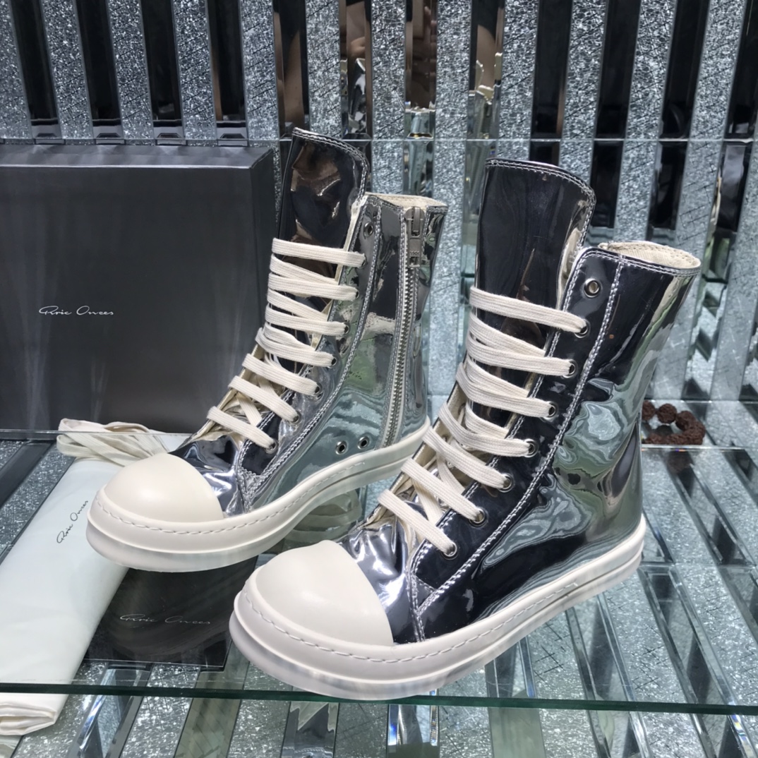 Bagsaaa Rick Owens High-Top Leather Sneakers In Silver