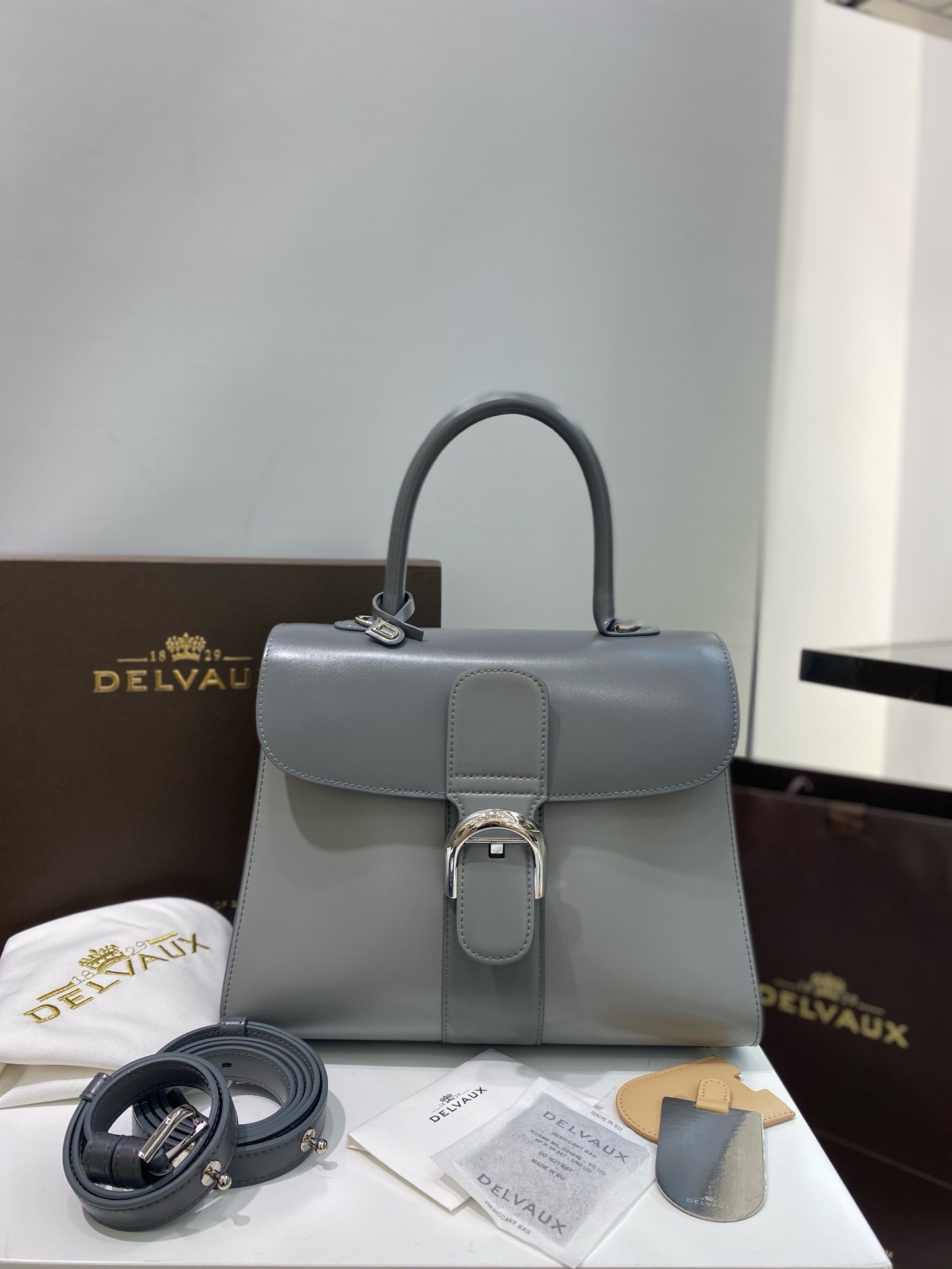 Bagsaaa Delvaux Calfskin MM Brillant Satchel Grey 