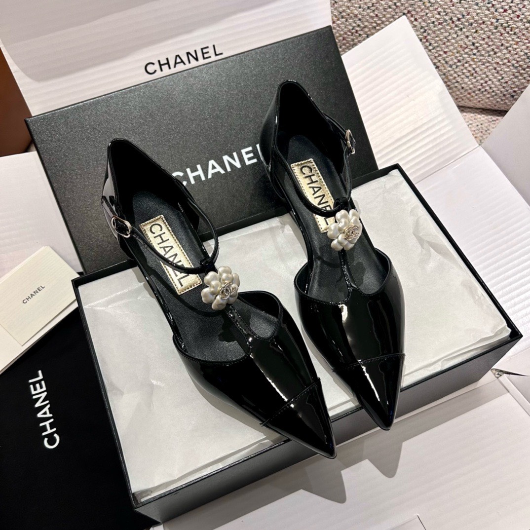 Bagsaaa Ch**el Slingback Heeled Sandals Pointed Black Patent