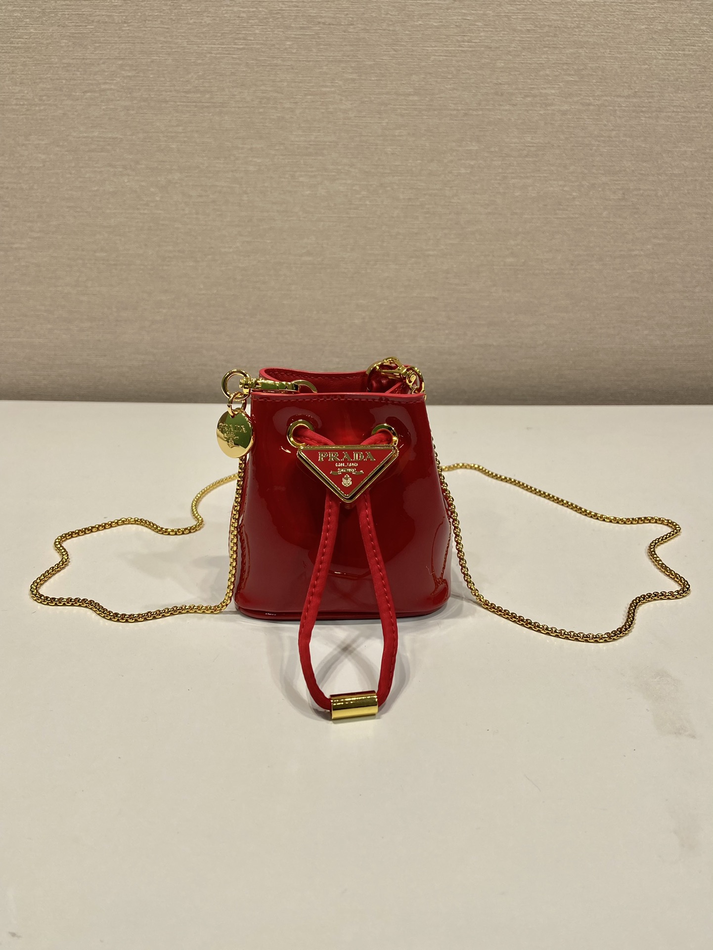 Bagsaaa Pra*a Patentm Cherry Red Leather Mini Pouch - 10*12*7cm