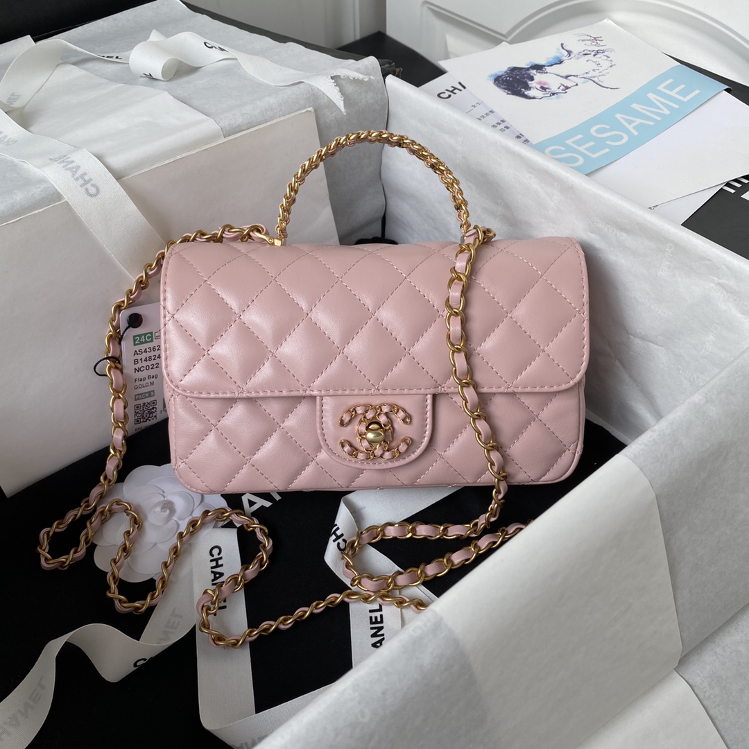 Bagsaaa Ch**el Top Handle 24C Flap Bag in Pink Lambskin - 21cm