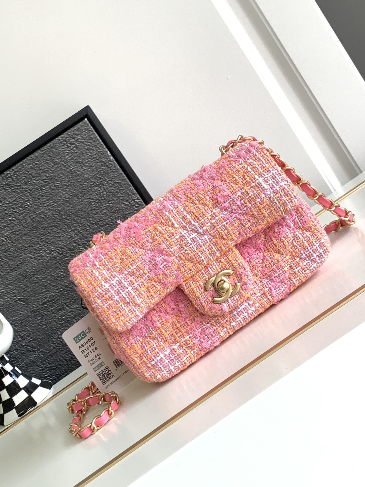 Bagsaaa Ch**el Mini Flap Bag Tweed Orange & Pink A69900 - 12 × 20 × 6 cm