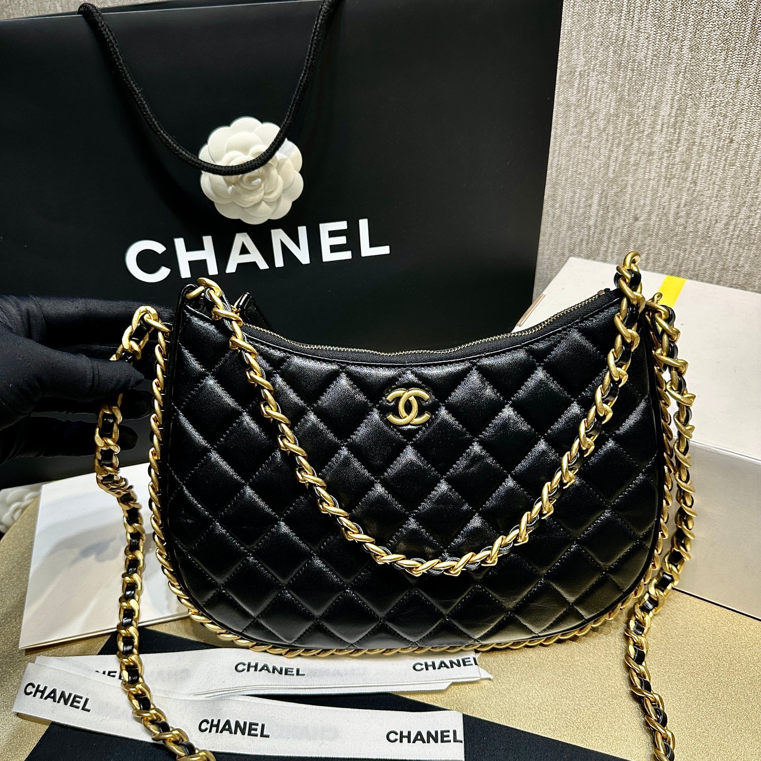 Bagsaaa Ch**el Large Hobo Bag Black AS4368 - 18 × 29 × 2 cm