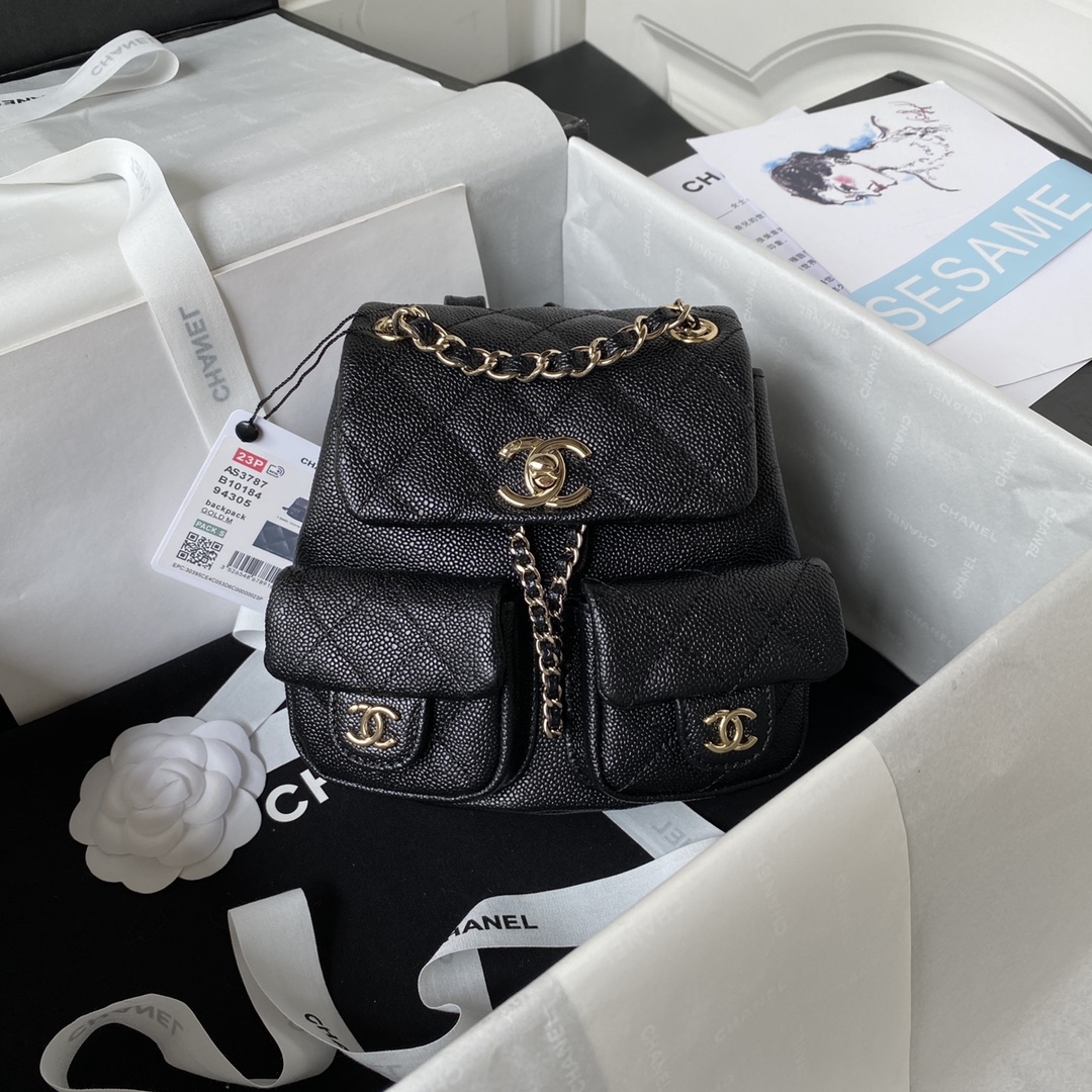 Bagsaaa Ch**el Small Backpack Grained Shiny Calfskin AS3787 Black - 17.5-16.5-10 cm
