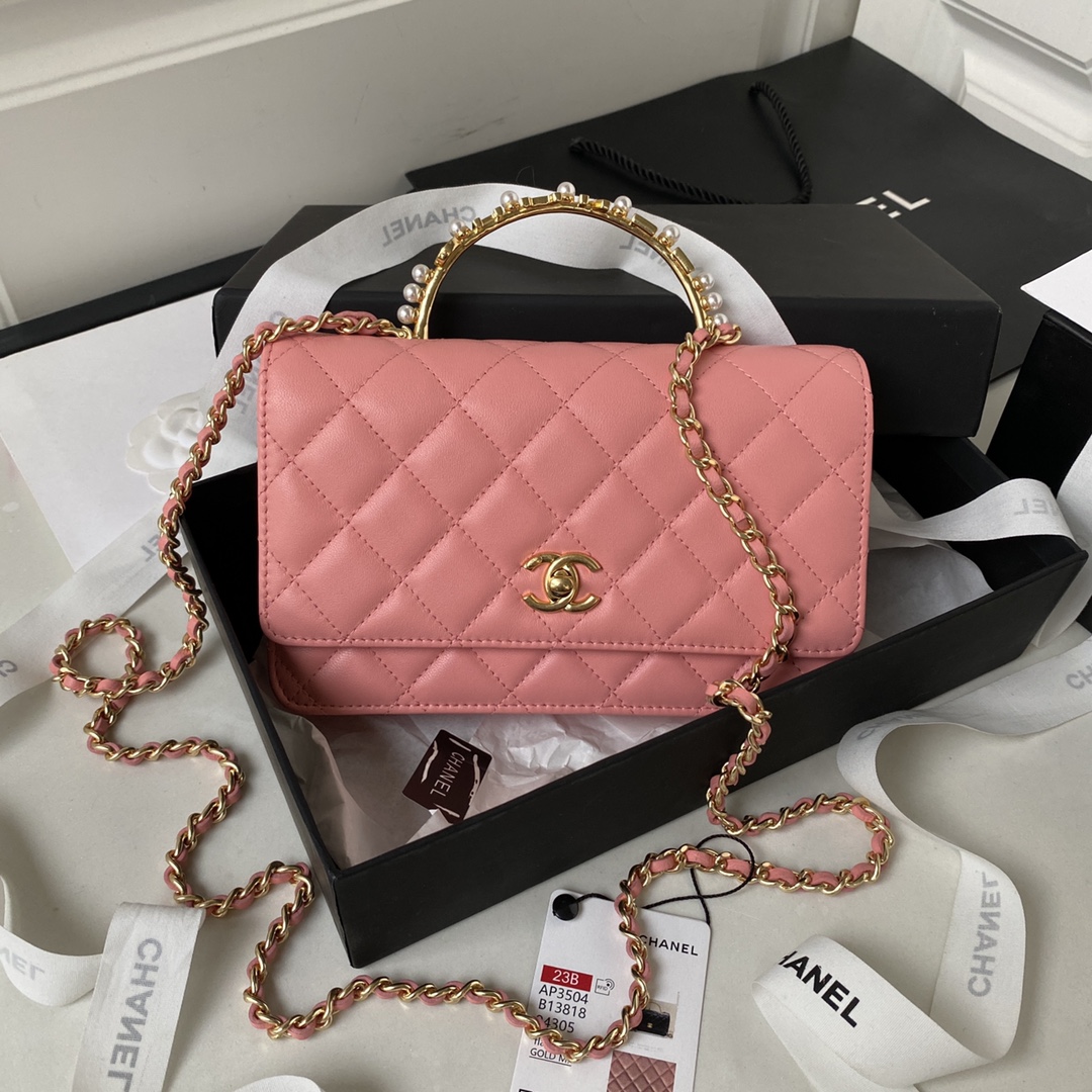 Bagsaaa Ch**el Wallet On Chain Pink AP3504 - 12.3 × 19.2 × 3.5 cm