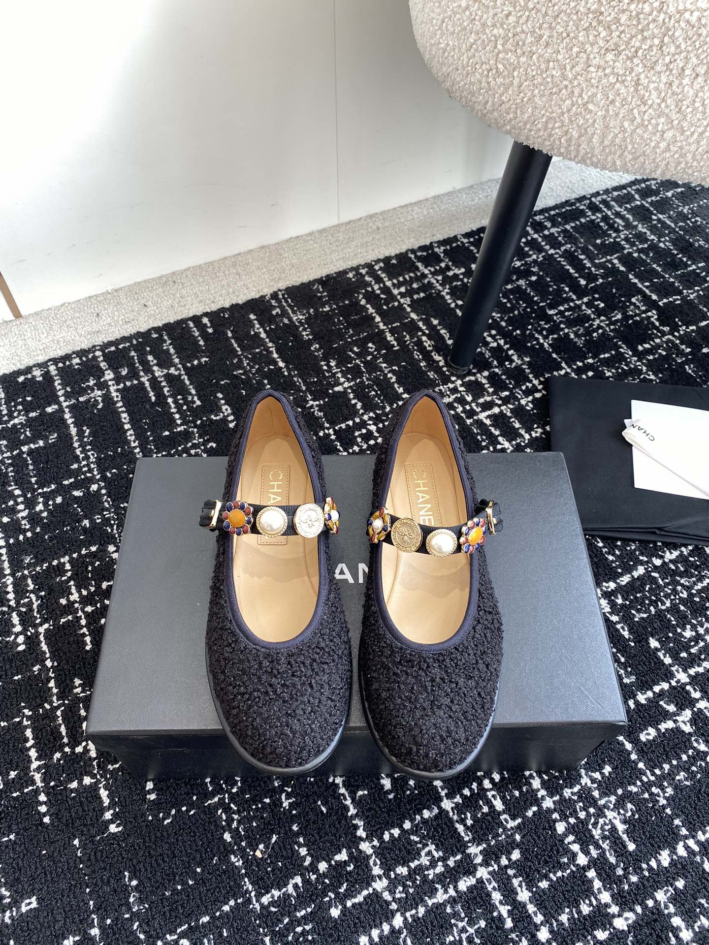 Bagsaaa Ch**el Mary Janes G45778 Black Wool Tweed