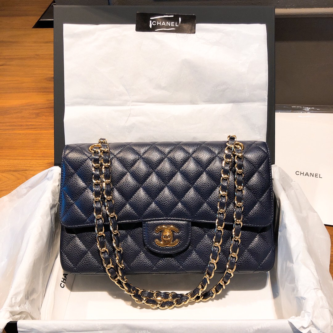 Bagsaaa Ch**el Flap Bag Navy Blue Caviar Gold - 15.5 × 25.5 × 6.5 cm