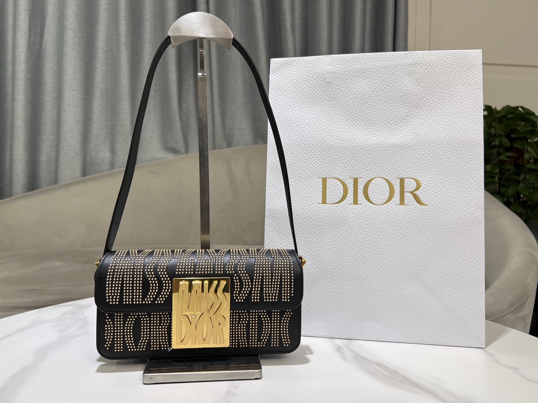 Bagsaaa Miss D10r Flap Bag Black Miss D10r Allover Calfskin with Gold-Finish Studs - 22 x 11 x 6 cm