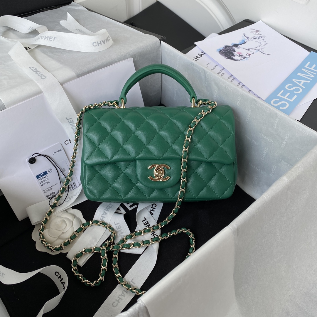 Bagsaaa Ch**el Mini Classic Handbag With Top Handle AS2431 Green - 12 × 20 × 6 cm